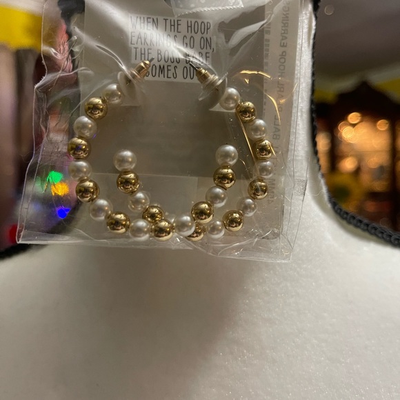 Gold and White Beaded Hoop Earrings - Picture 2 of 2